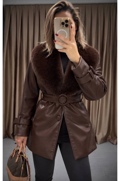 Women's Fur Collar Belted Leather Jacket with Inner Lining