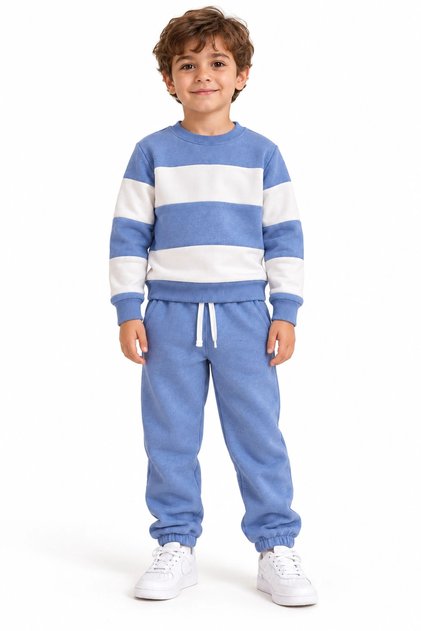 Product Name: Children's Blue and Ecru Striped 3-Thread Sweatshirt and Sweatpants Set