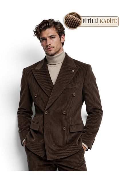 Brown Thick Ribbed Velvet Double-Breasted Men's Suit