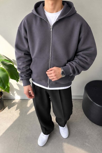 Basic Zip-Up Hoodie in Charcoal Grey