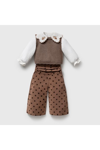 Girls' Polka Dot 3-Piece Set: Pants, Shirt, and Sweater.