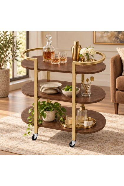 Modern Coffee & Catering Serving Cart with Wheels Oval Design Luxury Serving Table with 3 Wooden Shelves and Elegant Gold Metal Frame Versatile for Kitchen, Halls, Living Rooms, and Decor Organization