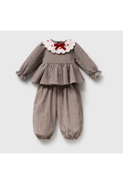 Mushroom Collar Embroidered Baby Girl Blouse and Balloon Pants 2-Piece Set