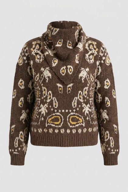 Authentic Patterned Shawl Knit Sweater - Coffee-Ekru