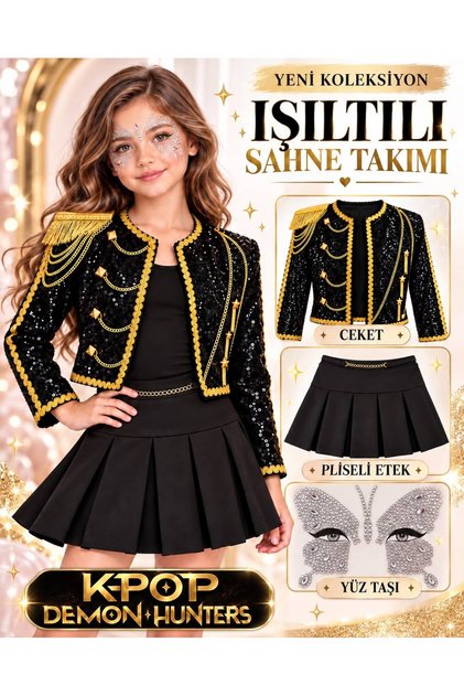 K-Pop Costume with Chain Detailing – Black Chain Skirt – Face Mask Set – for Birthday Parties (It’S a Mini Skirt).