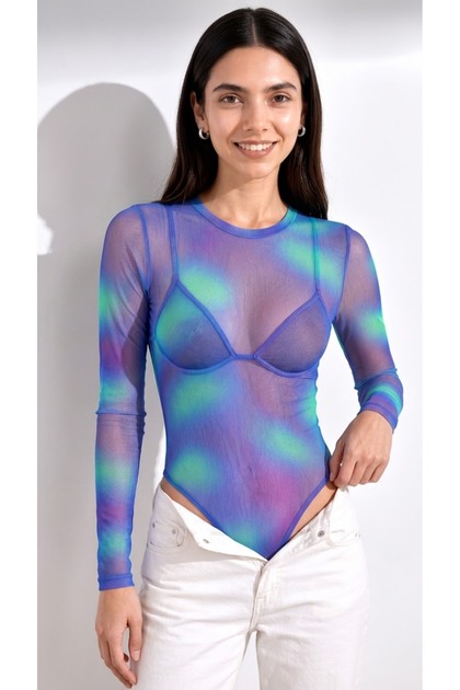 Women's Purple Neon Green Patterned Tulle Crew Neck Long Sleeve Snap Button Bodysuit Blouse