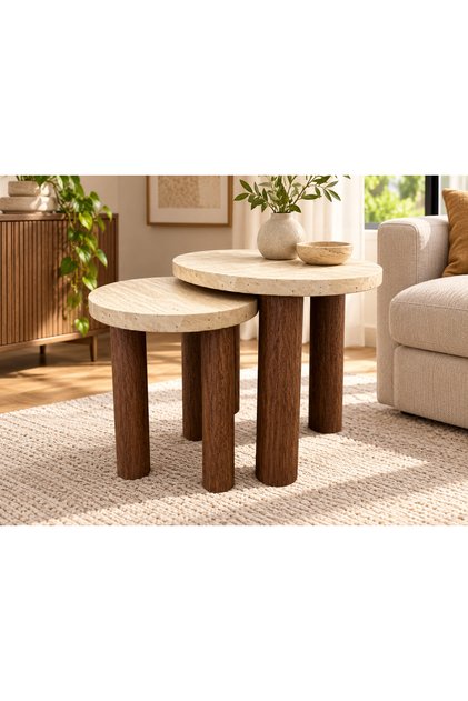 Modern 2-Piece Round Side Table Set with Luxury Nesting Design, Elegant Marble Look Tops and Contemporary Cylindrical Wooden Legs, Versatile Coffee & Hospitality Tables for Living Rooms, Lounges, and Bedrooms