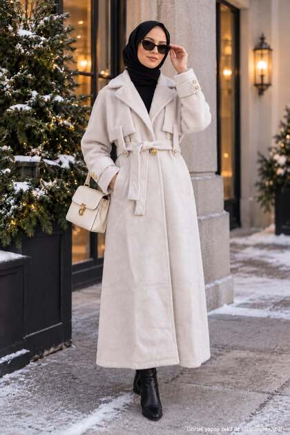 Belted Angora Modest Coat in Cream HM2974