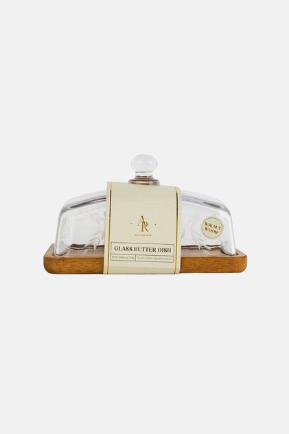 Glass Butter Container With Walnut Tray, Multicolor