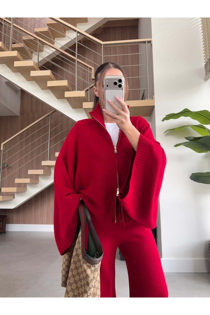 Butterfly Collar Zipper Tricot Pants Suit