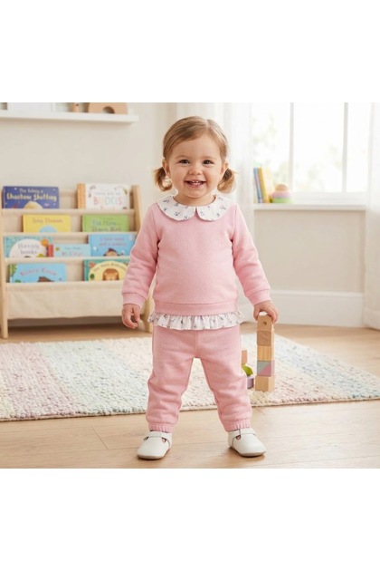 100% Cotton 3 Thread 2 Piece Polar Inner Baby Collar Winter Girl's Set Pink 6 Months 12 Months, 18 Months, 2 Years Girl