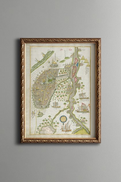 Cairo City Map - Piri Reis - Vintage Patterned Painting - Slim Frame