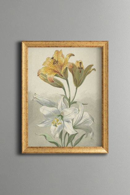 Yellow and White Lilies - Vintage Patterned Painting - Slim Frame