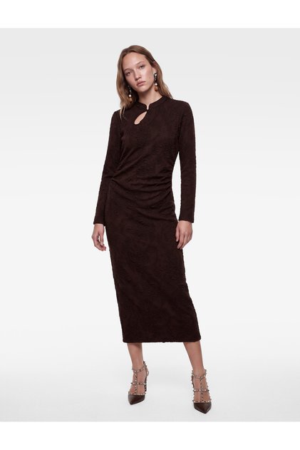 Slim Fit Mandarin Collar Draped Textured Long Sleeve Maxi Dress