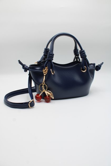 Women's Navy Blue Crisscross Straps Crossbody Handbag and Shoulder Bag with Knot Detail and Cherry Charm Accessory Detail