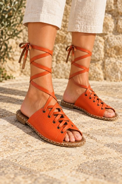 Orange Genuine Leather Lace-Up Women's Sandals – Leather Sole