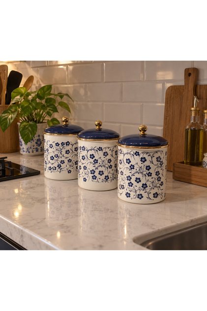 3-Piece Large Enamel Jar Set, Spice Jar, Floral Design.