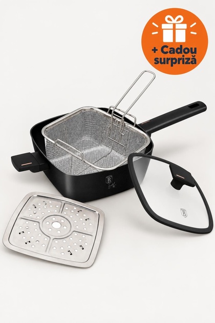 Tigaie Pătrată Adâncă 24 cm, Capac de Sticlă, Coș de Prăjit și Tavă pentru Abur, Set 4 Piese, Neagră