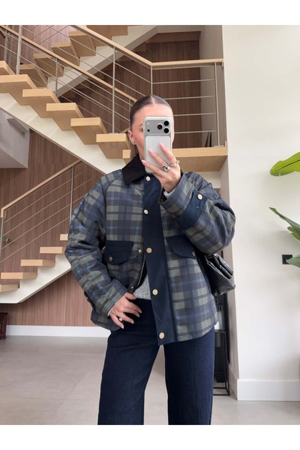 Velvet Collar Plaid Jacket