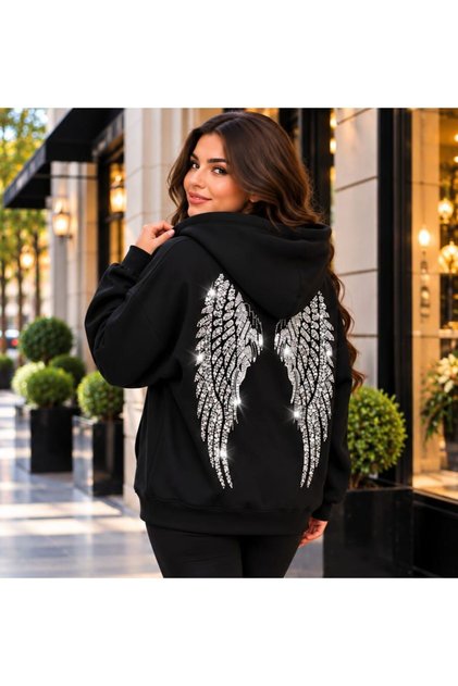 Fashion New Season Women's Trend Wing Stone Printed 3-Thread Brushed Hooded Oversized Sweatshirt
