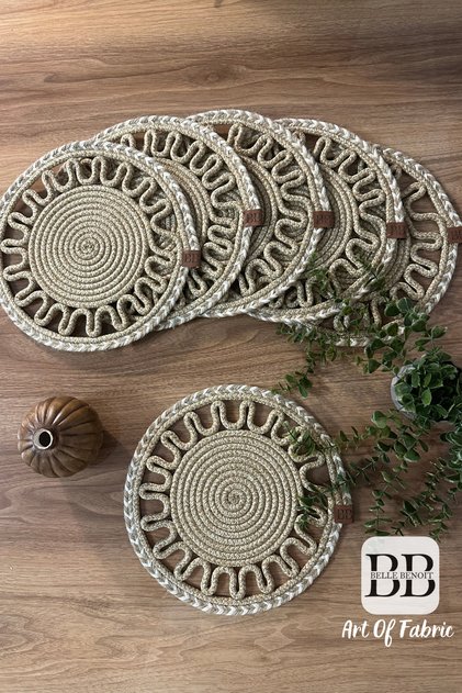 Set of 6 Handmade Jute Placemats, Bohemian Wicker American Serving Set, Decorative Table Setting, 33 Cm.