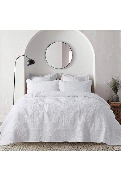 White Damask Quilt King Size Bedding Sets with 2 Pillow Shams, Boho Bedspread Lightweight Soft Farmh