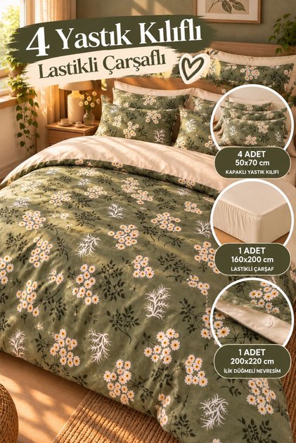 Çift Kişilik Nevresim Takımı 200x220cm | 4 Yastık Kılıfı | Lastikli Çarşaflı 160x200