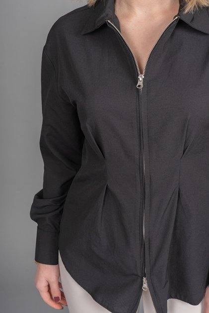 Women's Summer Black Shirt with Front Zippered Design and Tapered Waist 70026