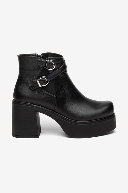 Women's Genuine Leather Platform Boots with Double Buckle Detail and Thick Heels - Black