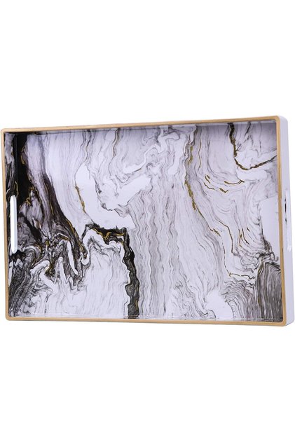 Decorative Tray, Marbling Plastic Tray with Handles, Rectangular Vanity Tray and Serving Tray for Bathroom, Kitchen, Ottoman and Coffee table, 38*25*4.5cm, White