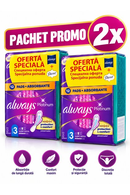 Pachet Promo 2x Platinum Super Extra, 24 Absorbante + 2x Discreet, 40 Bucăți – Protecție și Confort