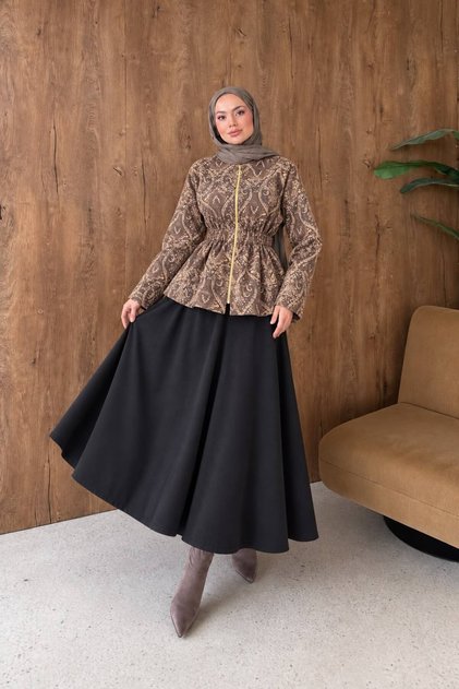 Women's MOCHA Puff Sandy-Print Zipper-Front Ruched-Waist Jacket and Flared Skirt Two-Piece Set