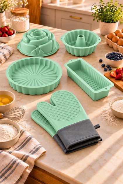 6-Piece Silicone Cake Pan Set: Rose, Bundt, and Baton Tart Pans; Pair of Oven Mitts; Fire-Resistant, Non-Stick, Flexible