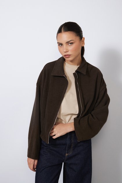 Oversized Soft-Textured Jacket with Zip Detail and Pockets, Brown