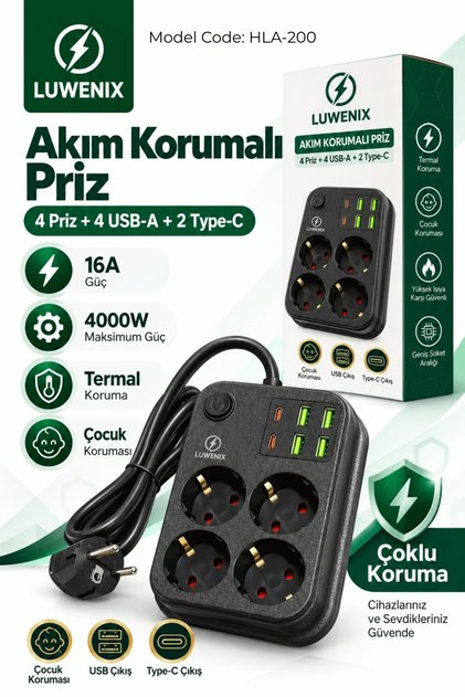 5mt 4’Lü Akım Korumalı Çoklu Priz – 4 USB + 2 Type-C | 4000W 16A | 4000 Joule | 5 Metre Bakır Kablo
