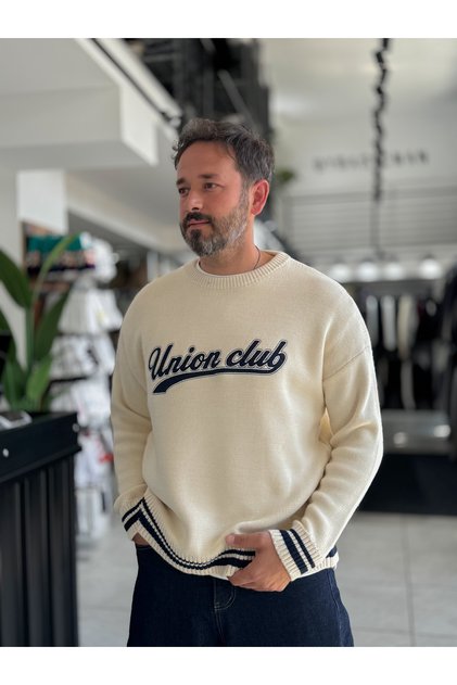 Beige Union Club Embroidered Knit Sweatshirt PM-018