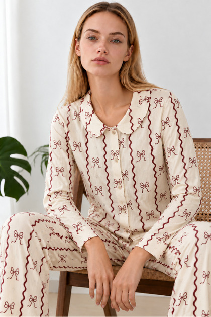 Women's Patterned Shirt Collar Brown Pajama Set 4863