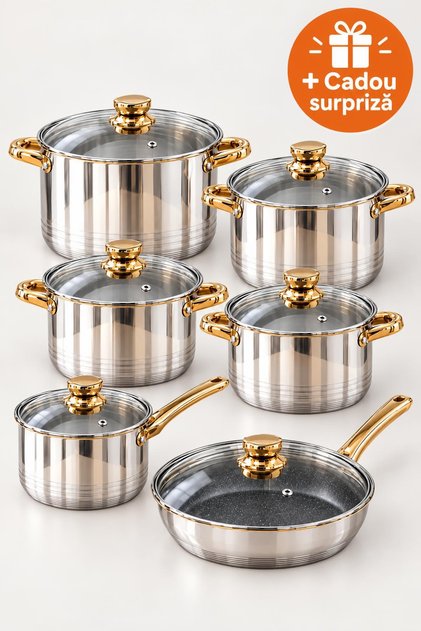 Set Oale Inox 12 Piese, Capace din Sticlă, Tigaie Antiaderentă, Cratiță, Inducție, Mânere Aurii
