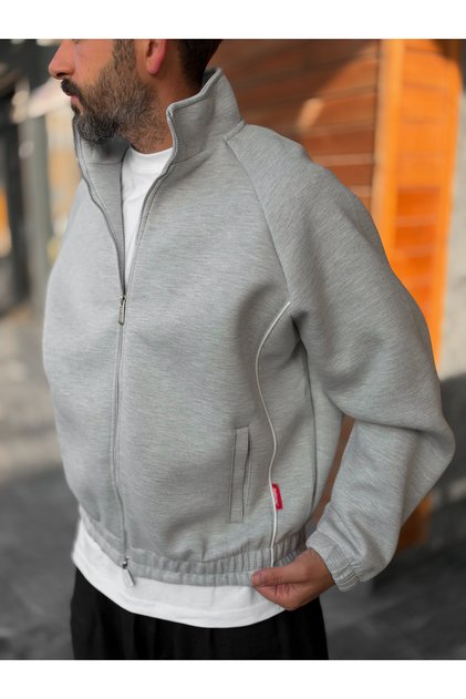 Light Gray Piped Zipper Sweatshirt RES-5007