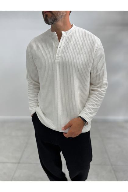 Ekru Düğmeli Fitilli İnce Sweatshirt MRK-2872