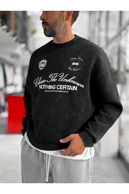 Siyah Nothing Baskılı Yıkamalı Sweatshirt HM