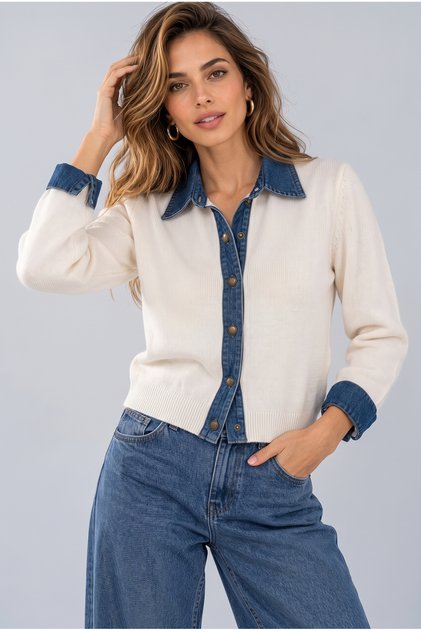 Women's Cardigan with Denim Sleeve Detail and Collar Detail