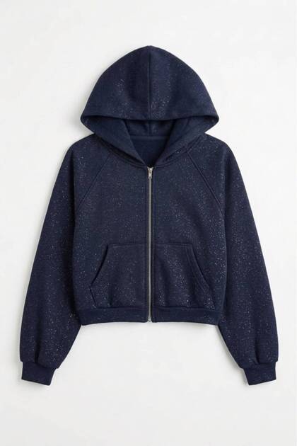Sparkly Glittery Hooded Zippered Three-Thread Ribbed Raglan Sleeve Sweatshirt