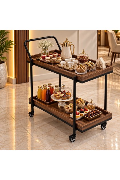 Mobile two-tier serving and hospitality table with wheels and modern handle - Burnt Brown