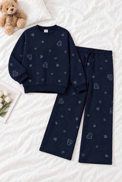 Navy Blue Girls' Sequin-Patterned Wide-Leg Brushed-Inside Sweatshirt and Shorts Set 25081