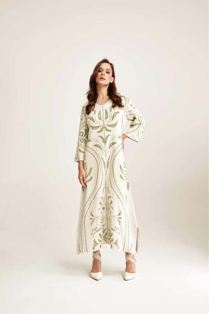 Floral Knit Midi Dress Off-White & Olive