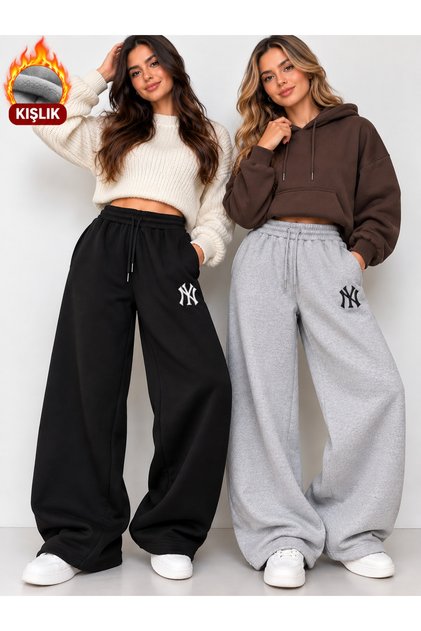 2-Piece NY-Printed Women's Winter (Black and Gray) sweatpants