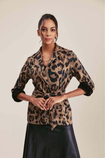Leopard Print Jacket with Fur Trim Sleeves Brown & Black