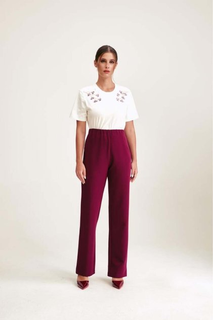 High Waist Straight Leg Crepe Trousers Maroon