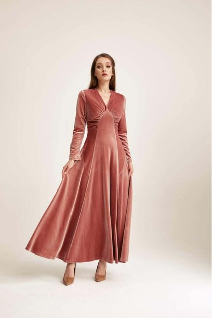 Velvet V-Neck Ruched Maxi Dress Pink